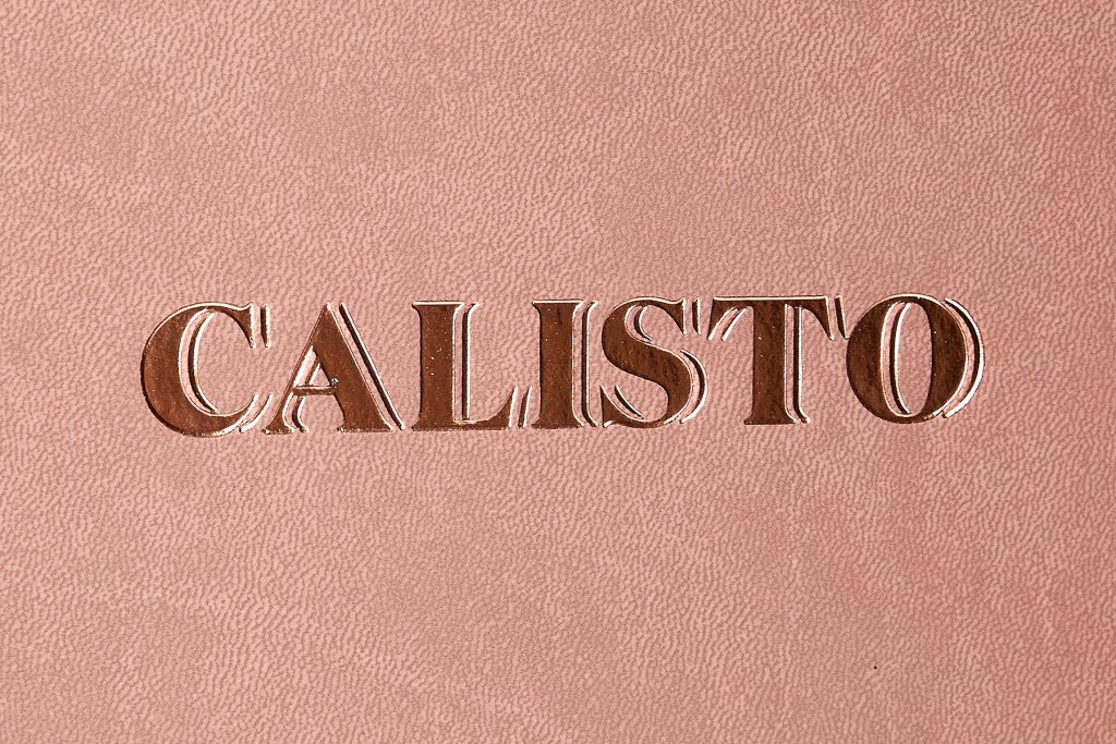 Calisto menu with pink foil stamping